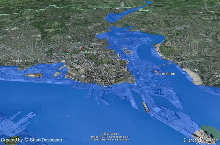 The city of Southampton, UK, with a sea-level increase of 5m 